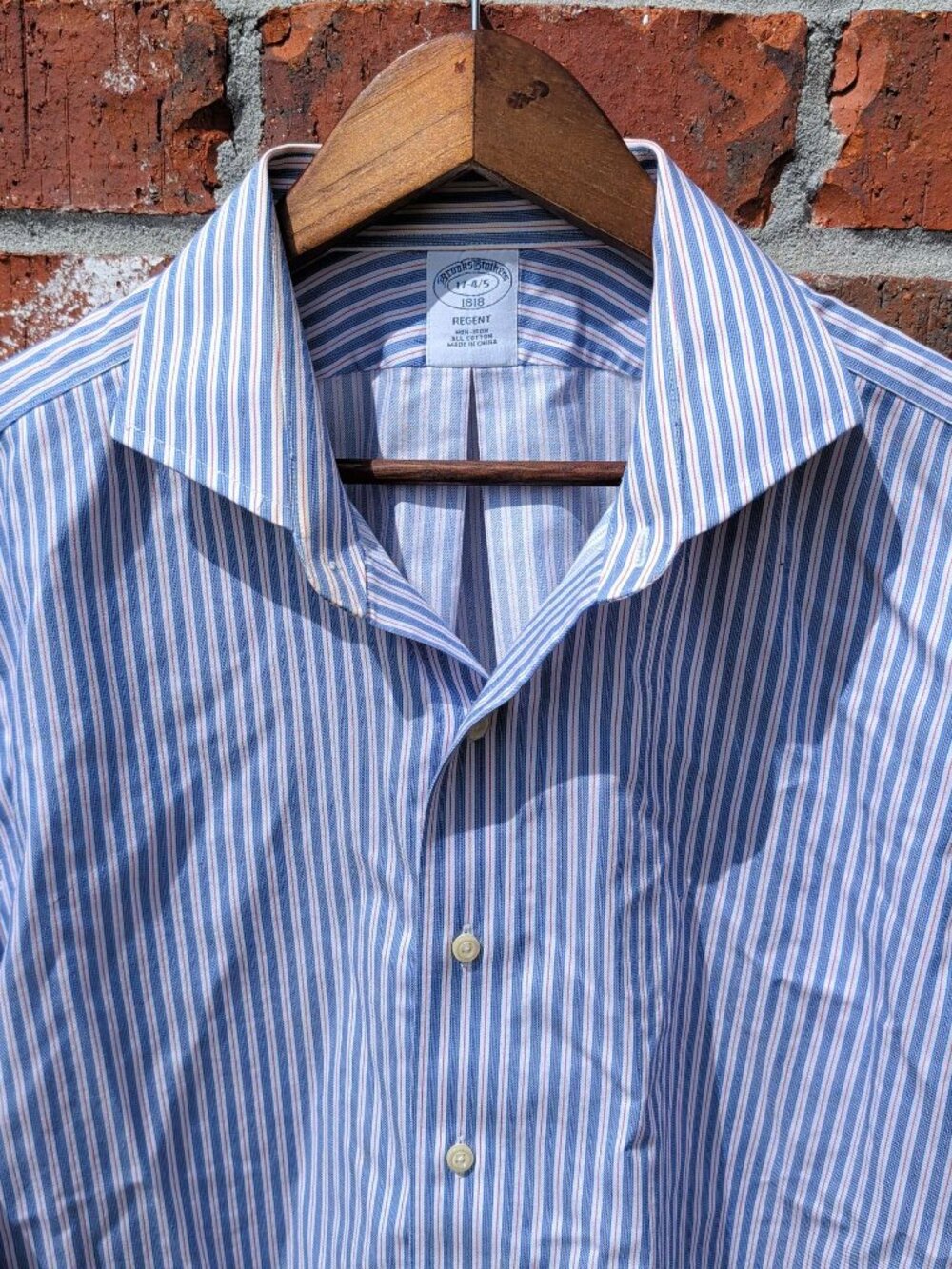 Brooks Brothers Regent Dress Shirt Mens 17 Blue White Striped Long Sleeve